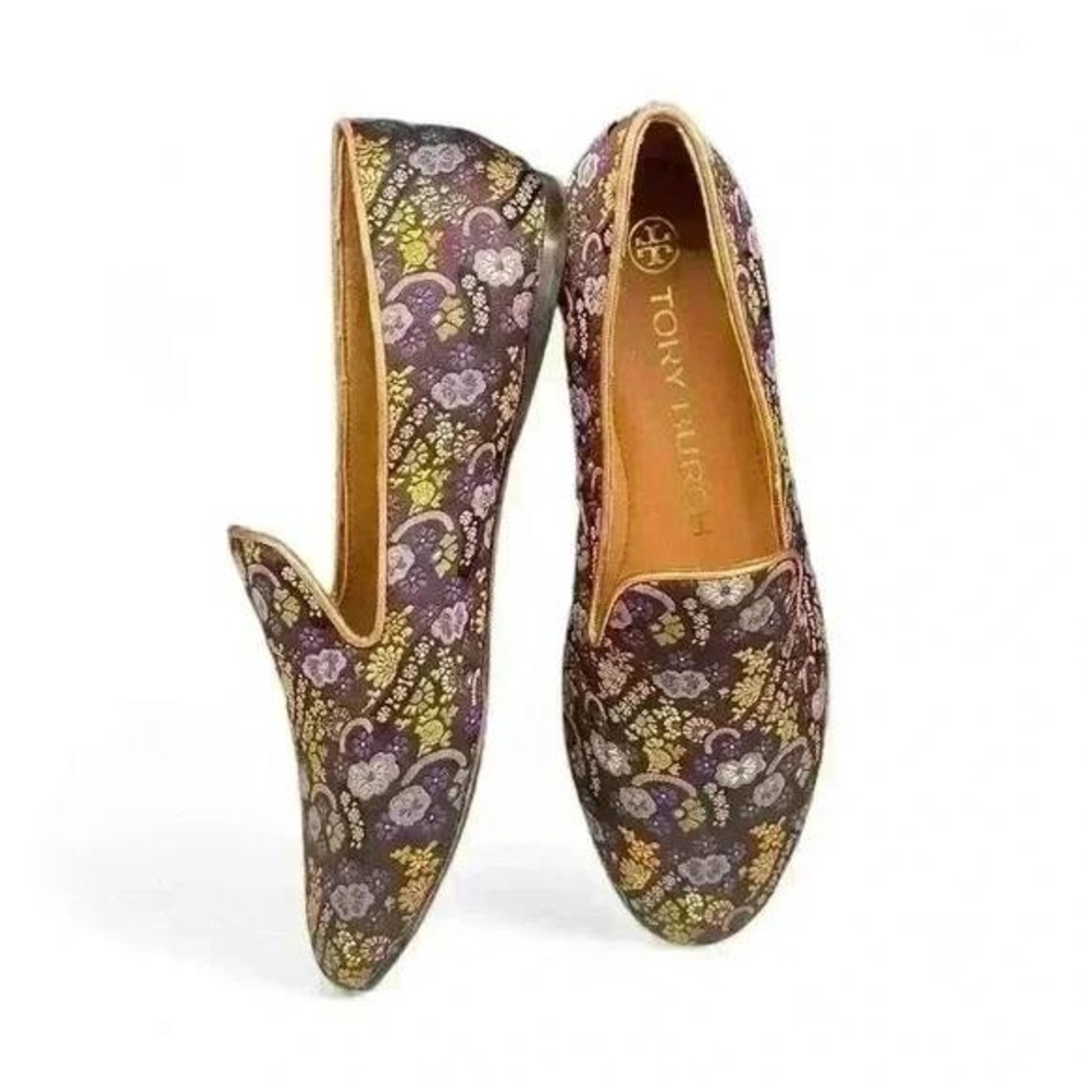 Tory Burch Jacquard Smoking Slipper Loafer Plum Gold Floral Size 7‎ NIB